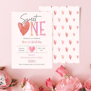 Invito digitale modificabile per la festa del primo compleanno di San Valentino - Modello Canva con illustrazione di cuori acquerellati DOWNLOAD IMMEDIATO