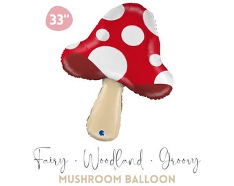 Jumbo Red Mushroom Foil Balloon 33", Woodland Birthday Party, Girls Fairy Party, Forest Party Decors, Groovy Mushroom Party Balloon Decors