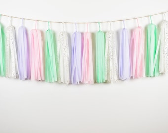 ASSEMBLED Pastel Princess Tassel Garland, Swan First Birthday, Cupcake Party, Macarons Party, Baking Party, Girls Birthday Party Backdrop