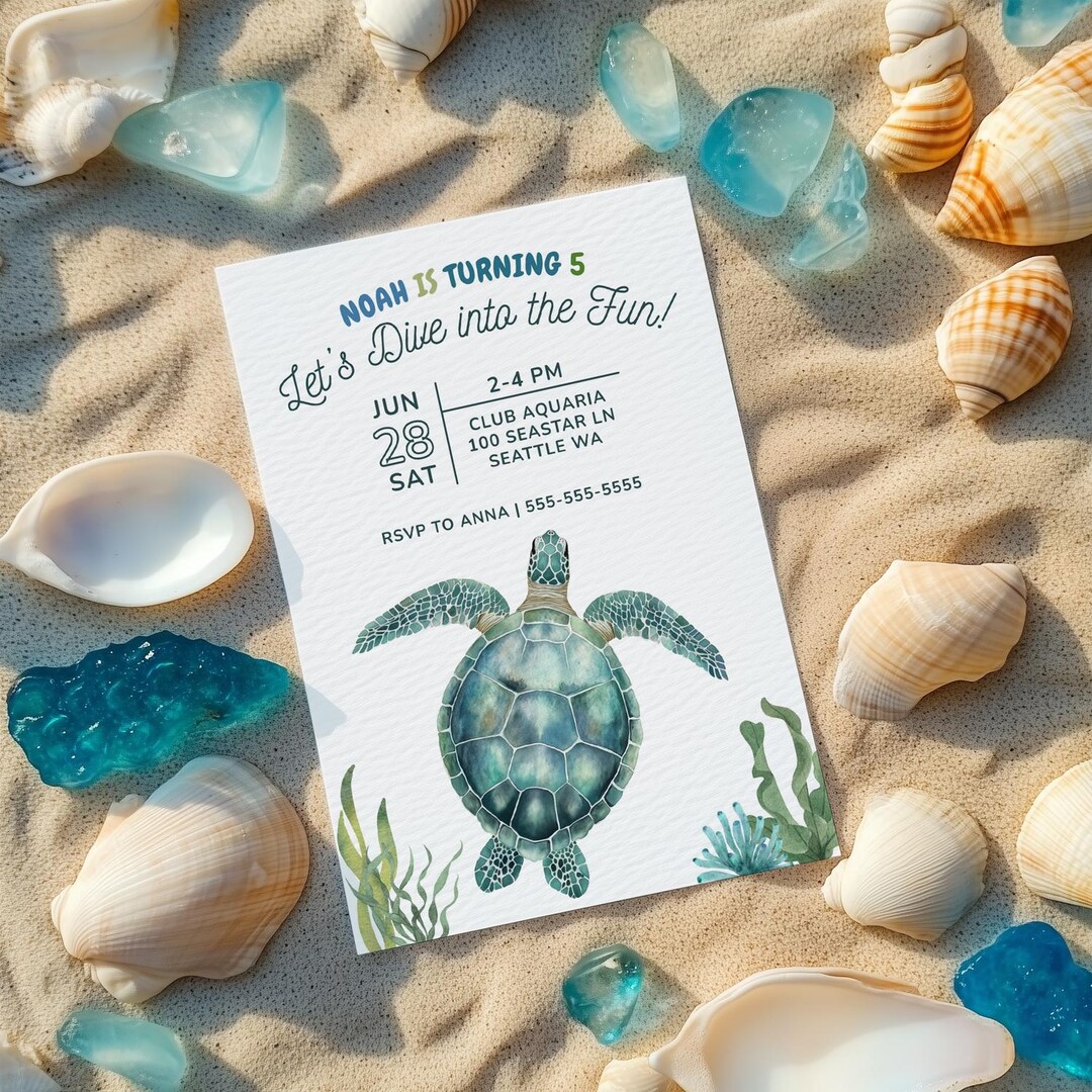 Sea Turtle Birthday Party Invitation - Editable Digital Canva Template ...