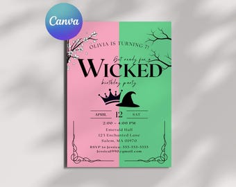 Wicked Birthday Party Invitation - Editable Digital Canva Template Instant Download Good Witch Bad Witch Oz Wizard Movie Musical Theme