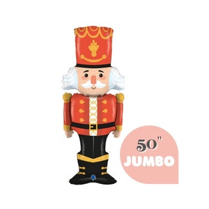 May include: A large 50-inch red and gold jumbo nutcracker balloon. The nutcracker is wearing a red and gold uniform with a black belt and black boots.