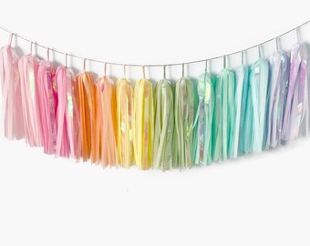 ASSEMBLED Rainbow Unicorn Garland, Iridescent Tassel Garland, Pastel Rainbow Mermaid, Swifties Eras Birthday Party, Sunshine Rainbow Party