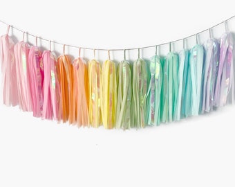 ASSEMBLED Rainbow Unicorn Garland, Iridescent Tassel Garland, Pastel Rainbow Mermaid, Unicorn Birthday Party, Sunshine Rainbow Party Decor