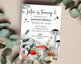 Editable Digital Enchanted Forest Birthday Invitation Canva Template - Woodland Mushrooms Fairy Birthday Invitation INSTANT DOWNLOAD