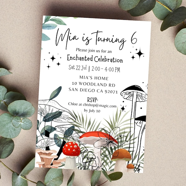 Editable Digital Enchanted Forest Birthday Invitation Canva Template - Woodland Mushrooms Fairy Birthday Invitation INSTANT DOWNLOAD