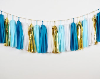 ASSEMBLED Blue Gold Tassel Garland | Tissue Paper Garland | Blue Baby Shower | Shark Party Decor | Shark Birthday Party | Ocean Theme Party