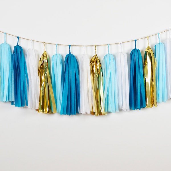 ASSEMBLED Blue Gold Tassel Garland | Tissue Paper Garland | Blue Baby Shower | Shark Party Decor | Shark Birthday Party | Ocean Theme Party