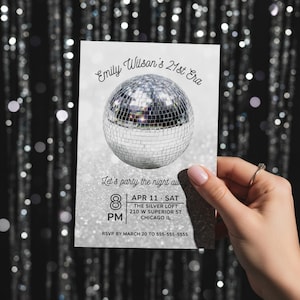 Disco Ball Birthday Party Digital Invitation - 21st Girl Birthday - Silver Tinsel Disco Ball - Dancing Girls Night Out