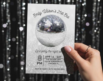 Disco Ball Birthday Party Digital Invitation - 21st Girl Birthday - Silver Tinsel Disco Ball - Dancing Girls Night Out