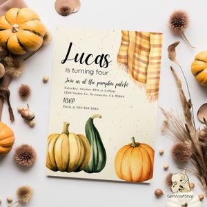 Editable Pumpkins Harvest Birthday Party Digital Invitation - Fall Thanksgiving Party Invitation Canva Template INSTANT DOWNLOAD