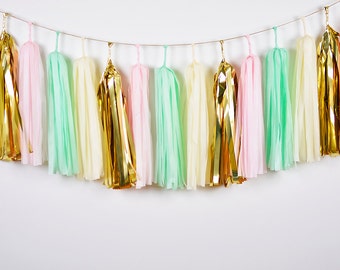 ASSEMBLED Pink Mint Gold Tassel Garland, Mint Pink Girl Nursery, Birthday Banner, Wedding Backdrop, Dessert Table Decor, Girl Baby Shower