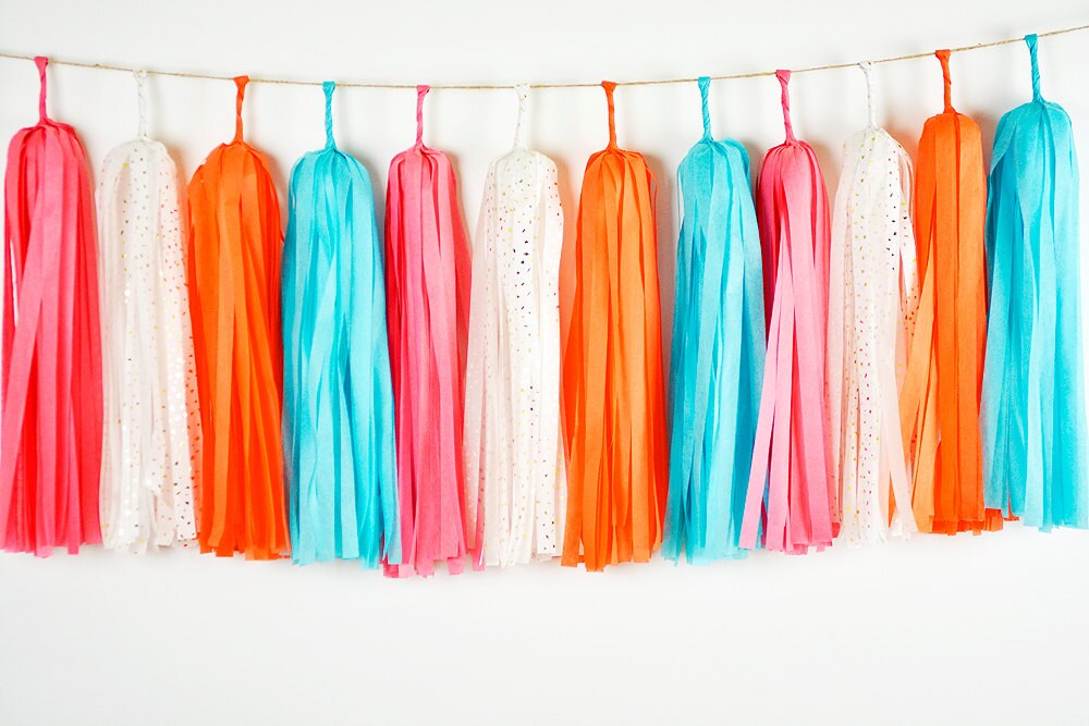 Coral Orange Blue Tassel Garland Blue Coral Garland Coral Wedding Decor Coral Cake Smash Coral Baby Prop Coral Kids Bedroom Blue Decor