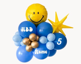 Blue and Yellow Smiley Balloon Cluster DIY Kit with Custom Vinyl Stickers - Groovy Boys Birthday Party - HBD - Small Budget Party Decoration