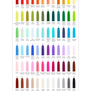 May include: A chart of 50 different colors of tissue paper streamers, labeled with color names and codes. The colors are organized into two categories: Standard and Special. The Special category includes colors with metallic finishes and patterns.