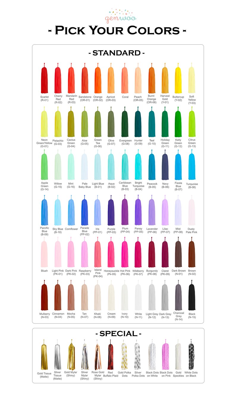 May include: A chart of 50 different colors of tissue paper streamers, labeled with color names and codes. The colors are organized into two categories: Standard and Special. The Special category includes colors with metallic finishes and patterns.