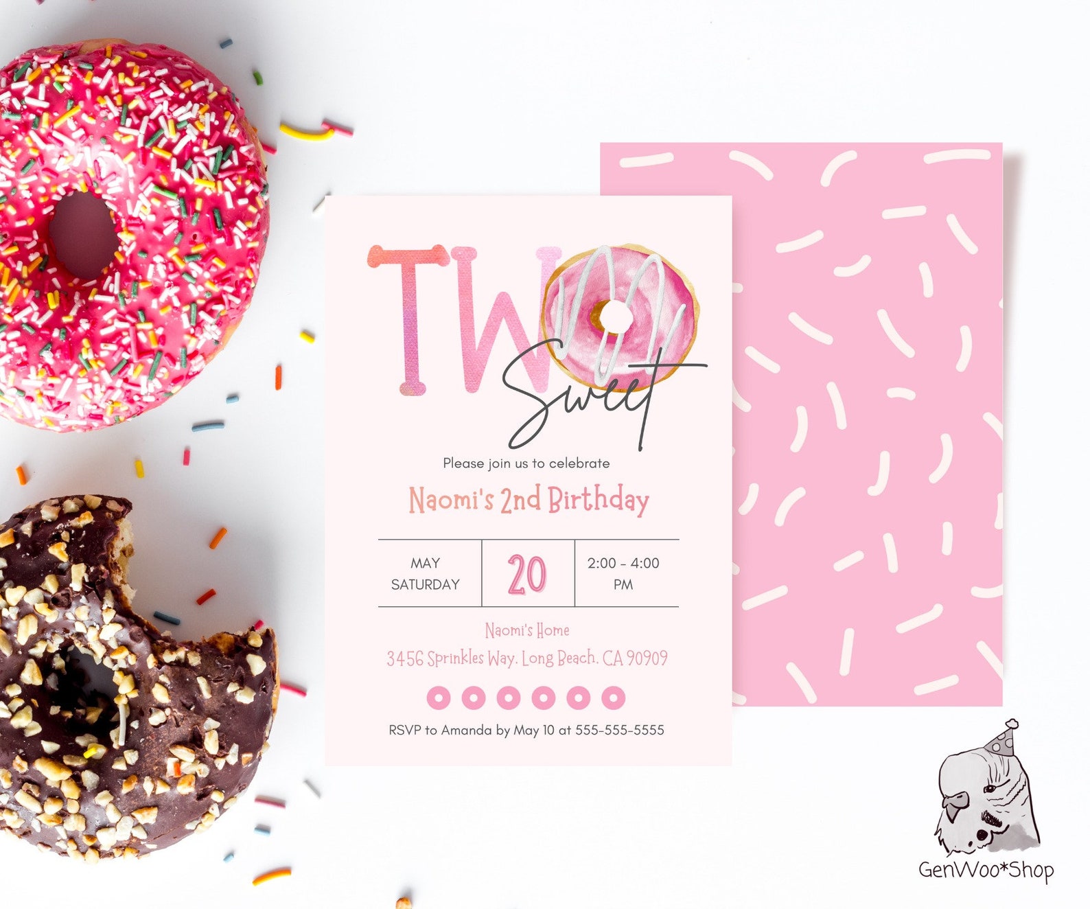 Editable Digital Donut TWO Sweet 2nd Birthday Party Invitation Canva ...
