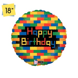 Building Blocks Birthday Foil Balloon 18-Inch, Construction Theme Party Decoration, Boys Birthday Party Supplies, Building Blocks Party