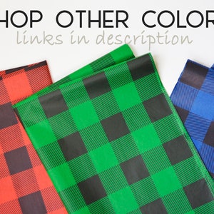 May include: Three fabric swatches in red, green, and blue with a black and white buffalo plaid pattern. The text "SHOP OTHER COLORS links in description" is above the swatches.