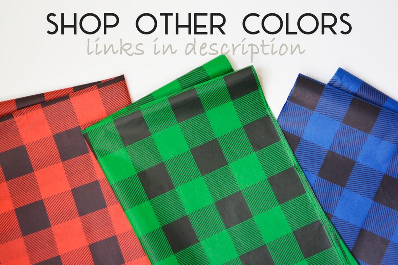 May include: Three fabric swatches in red, green, and blue with a black and white buffalo plaid pattern. The text "SHOP OTHER COLORS links in description" is above the swatches.