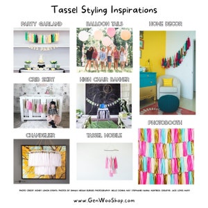 Puede incluir: Un collage de im&aacute;genes que muestran diferentes formas de estilizar borlas de papel de colores para fiestas, decoraci&oacute;n del hogar y photo booths. Las im&aacute;genes incluyen una guirnalda de fiesta, colas de globos, una falda de cuna, una pancarta de silla alta, una l&aacute;mpara de ara&ntilde;a, un m&oacute;vil de borlas y un fondo de photo booth.