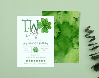 Editable St Patrick's Day Two Lucky 2nd Birthday Party Digital Invitation - W/ Watercolor Lucky Clover Shamrock - INSTANT DOWNLOAD PRINTABLE