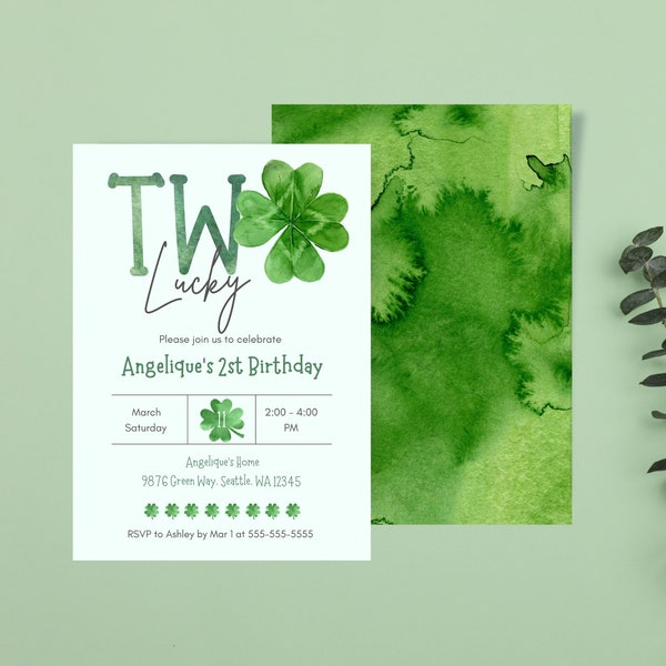 Editable St Patrick's Day Two Lucky 2nd Birthday Party Digital Invitation - W/ Watercolor Lucky Clover Shamrock - INSTANT DOWNLOAD PRINTABLE