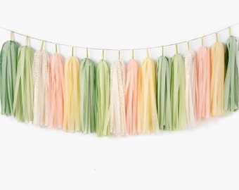 Guirnalda de borlas de princesa pastel ensamblada, guirnalda de banderines para fiesta de cumpleaños de niña en rosa ruborizado y verde suave, baby shower de primavera, boda bohemia