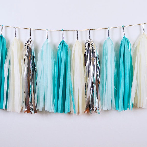 Shark Party Tassel Garland ASSEMBLED, Ocean Animal Theme Birthday Party Decoration, Tissue Paper Bunting Banner Streamer, Dolphin Whale