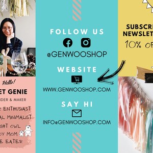 May include: A colorful image with a woman smiling and holding a glass of water. The text says "Hello! Meet Genie, Founder & Maker. Color Enthusiast, Maximal Minimalist, Night Owl, Boy Mom, Cake Eater." The text also says "Follow Us" with links to Facebook and Instagram. The text also says "Subscribe Newsletter 10% Off" with a cake and candles on top of a table. The text also says "Website" with a shopping cart icon and the website address "www.genwooshop.com". The text also says "Say Hi" with an email icon and the email address "info@genwooshop.com".