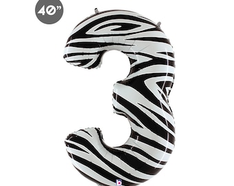 Jumbo Zebra Number 3 Balloon 40", Number Three Balloon, Safari 3rd Birthday, Animal Theme Third Birthday Party Decoration, Zebra Pattern