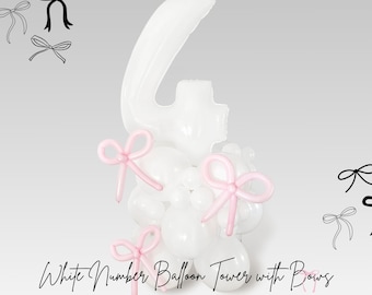 White Number Balloon Tower with Pink Bows - Number 4 Balloon Column - Girl 4th Birthday Party Decoration - DIY Kit - Custom Number Balloon