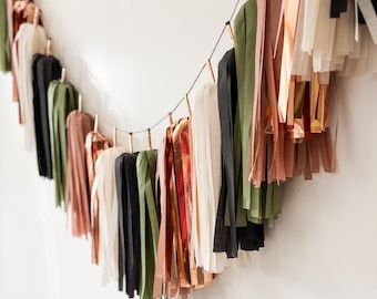 Sage and Copper Tassel Garland | Beige Earthy Tone Party Decorations | Woodland Theme Decor | 60th Birthday Backdrop