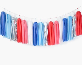 4th Of July Tassel Garland ASSEMBLED, Independence Day Party, USA Red and Blue Color Party Decoration, American Patriot Birthday Party