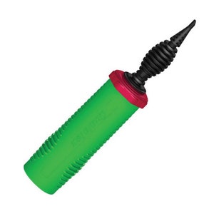 May include: Green and red balloon pump with a black nozzle. The pump has a textured grip.
