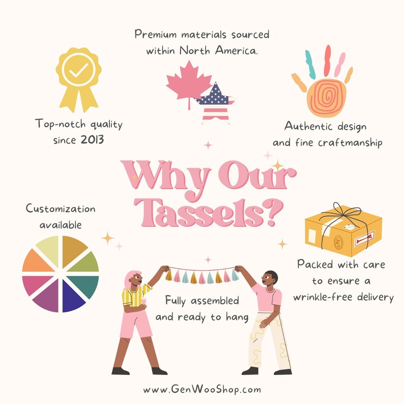 May include: Why Our Tassels? Illustration of a colorful tassel garland with two people holding the ends. The image also includes a checkmark, a maple leaf, a star, a handprint, a color wheel, and a box with a ribbon. The text "Why Our Tassels?" is in large pink letters.