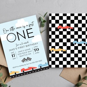 Editable Digital Race Car 1st Birthday Invitation - Canva Template - Fast One Racing Car Boy 1st Birthday Invitation INSTANT DOWNLOAD