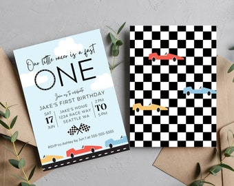 Editable Digital Race Car 1st Birthday Invitation - Canva Template - Fast One Racing Car Boy 1st Birthday Invitation INSTANT DOWNLOAD