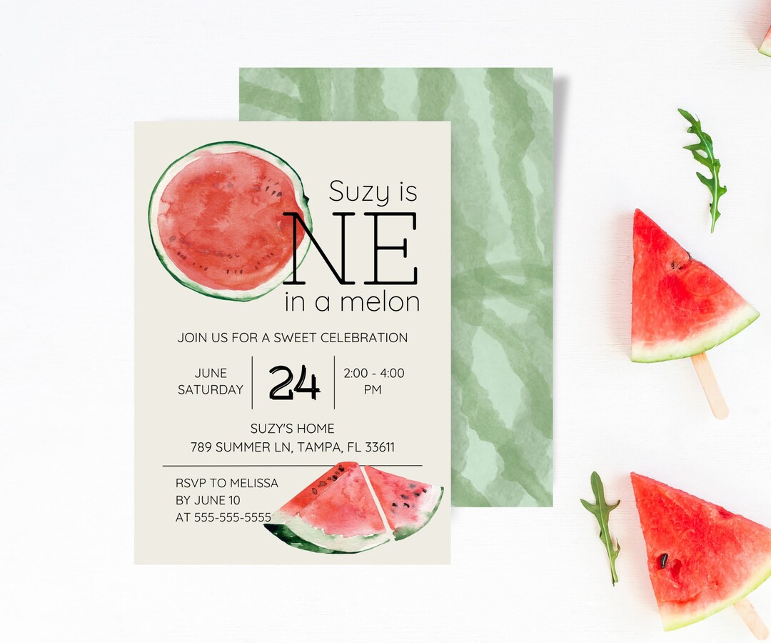 Editable Digital One in a Melon 1st Birthday Party Invitation Canva ...