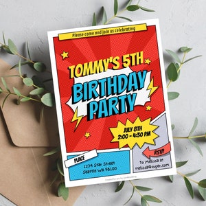 May include: A comic book style birthday party invitation for Tommy's 5th birthday. The invitation is red, blue, and yellow with a lightning bolt and stars. It says "Tommy's 5th Birthday Party" and includes the date and time of the party, the location, and RSVP information.