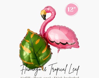 Mini Flamingo and Tropical Leaf Balloon Set 12" Airfill Heat-sealing - Bridal Shower Summer Birthday Party - Photo Props Loot Bag Fillers