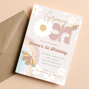 Editable Digital Groovy One 1st Birthday Party Invitation Canva Template - Smile Face Daisy First Birthday Invitation, INSTANT DOWNLOAD