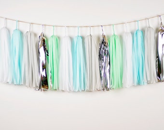 Baby Aqua Mint Tassel Garland | Summer Baby Boy Shower | Baby Boy 1st Birthday Cake Smash | Ocean Animal Shark Party Backdrop | Beach Banner