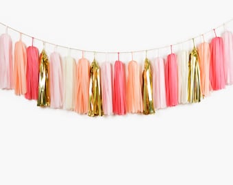 ASSEMBLED Blush Coral Tassel Garland, Peach Pink Coral Party, Wedding Backdrop, Birthday Party Banner, Coral Baby Shower, Baby Girl Nursery