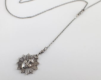 Sacred Heart Medallion Lariat Necklace, Sterling Silver, Delicate