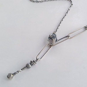 Skull Front Clasp Lariat Necklace, Sterling Silver, Paperclip Chain, Asymmetrical, Adjustable