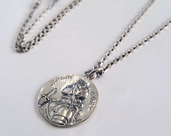 Joan of Arc Medal Sterling Silver Necklace, Round Medallion, Delicate