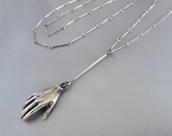 Goth Bar Chain Hand 3D Lariat Sterling Silver Necklace Milagro