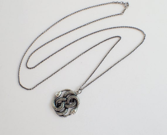 Double Snake Sterling Silver Necklace, Celtic Knot