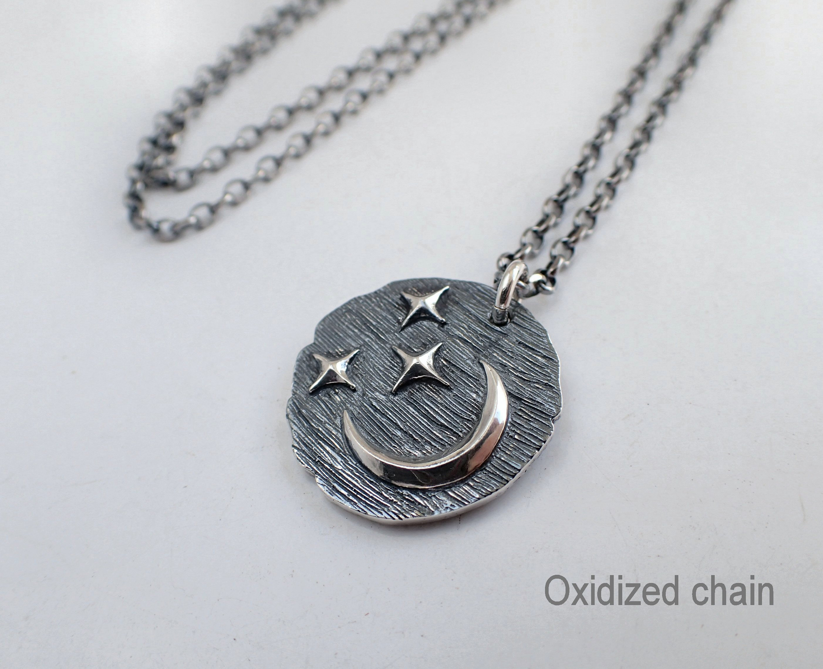 Stars Moon Medallion Sterling Silver Necklace, Crescent, Round, Rustic,  Celestial - Etsy